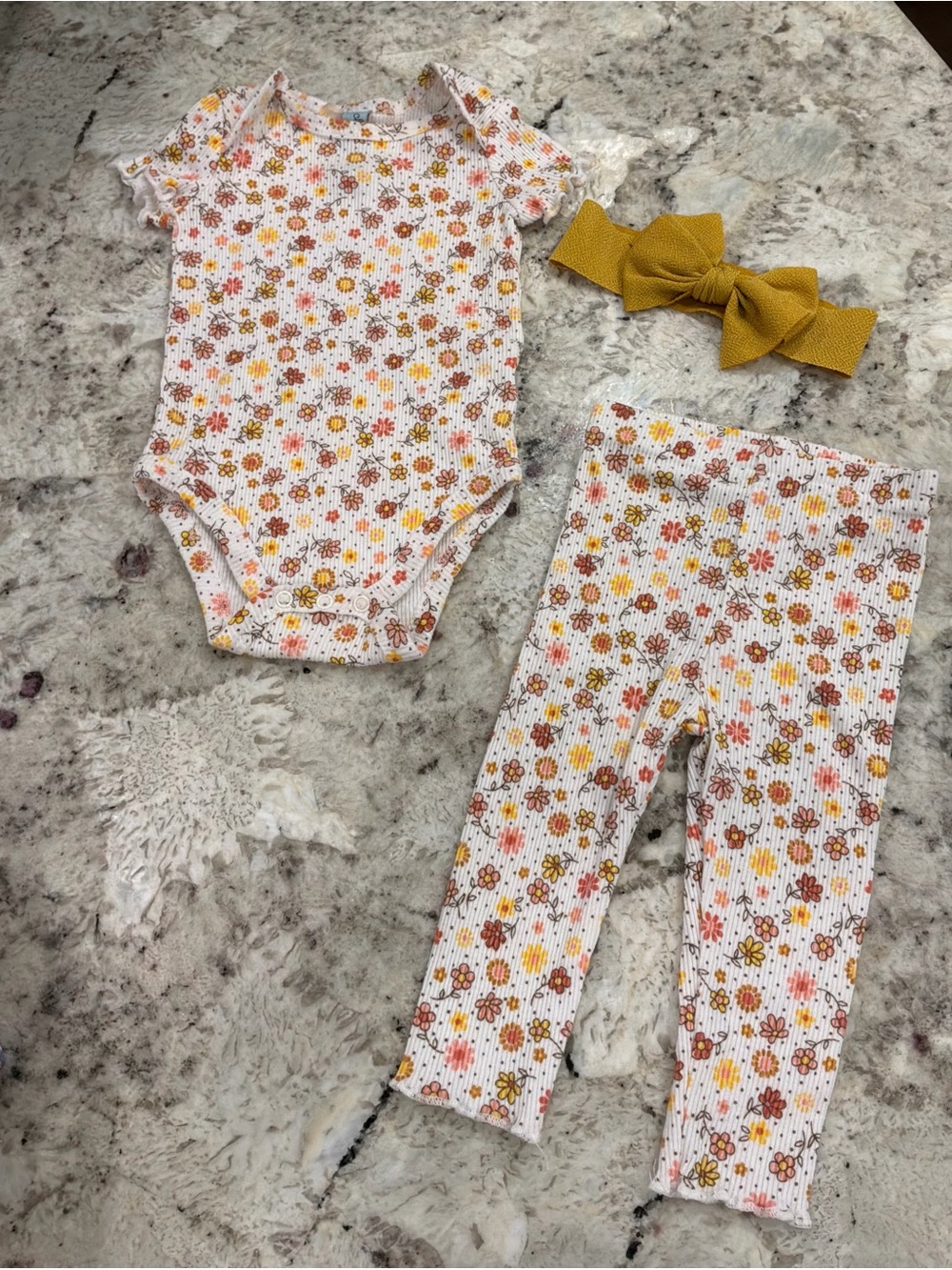 Girls Floral Ribbed Bodysuit & Leggings Set with Mustard Bow Headband